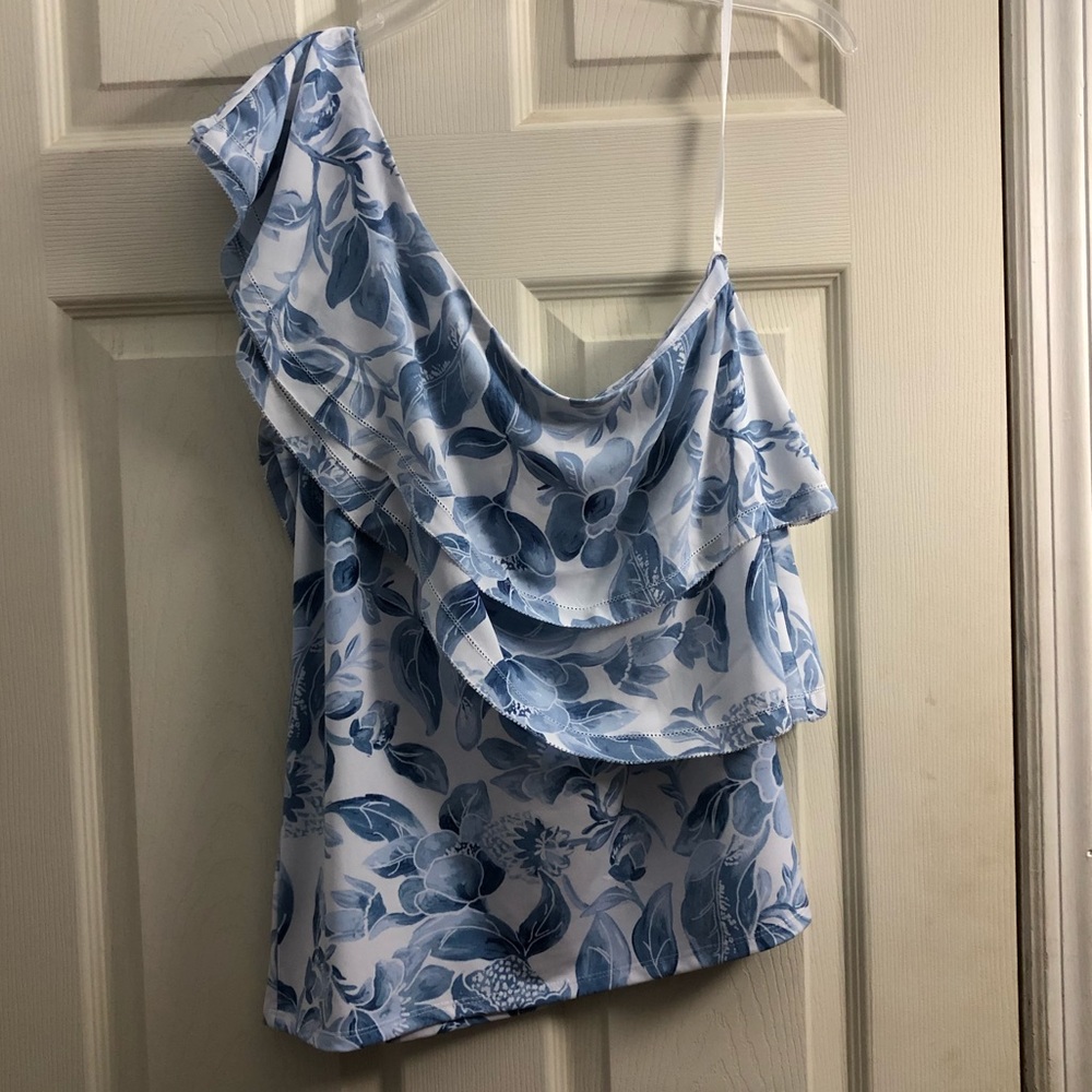 WHBM one shoulder blue floral blouse size L